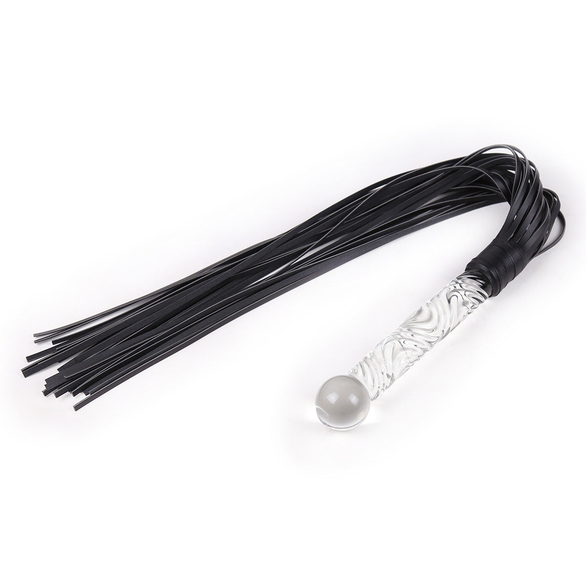 FOUET ÉROTIQUE EN SIMILICUIR NOIR AVEC POIGNÉE EFFET VERRE (BDSM)
