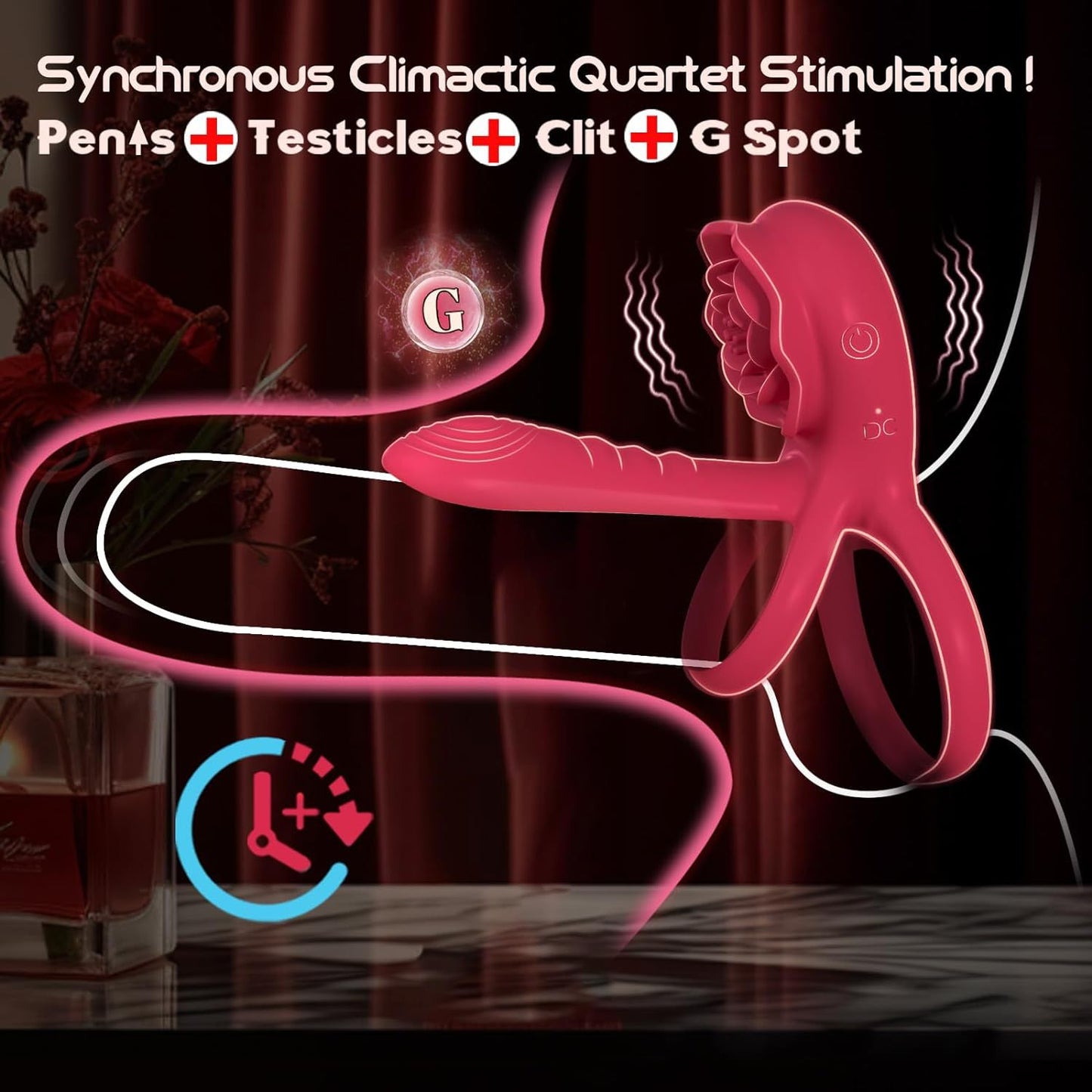 Vibromasseur Anneau Vibrant Rose Duo – Double Moteur, Quadruple Stimulation Pour Plaisir Ultime (Point G, clitoris, pénis et testicules)