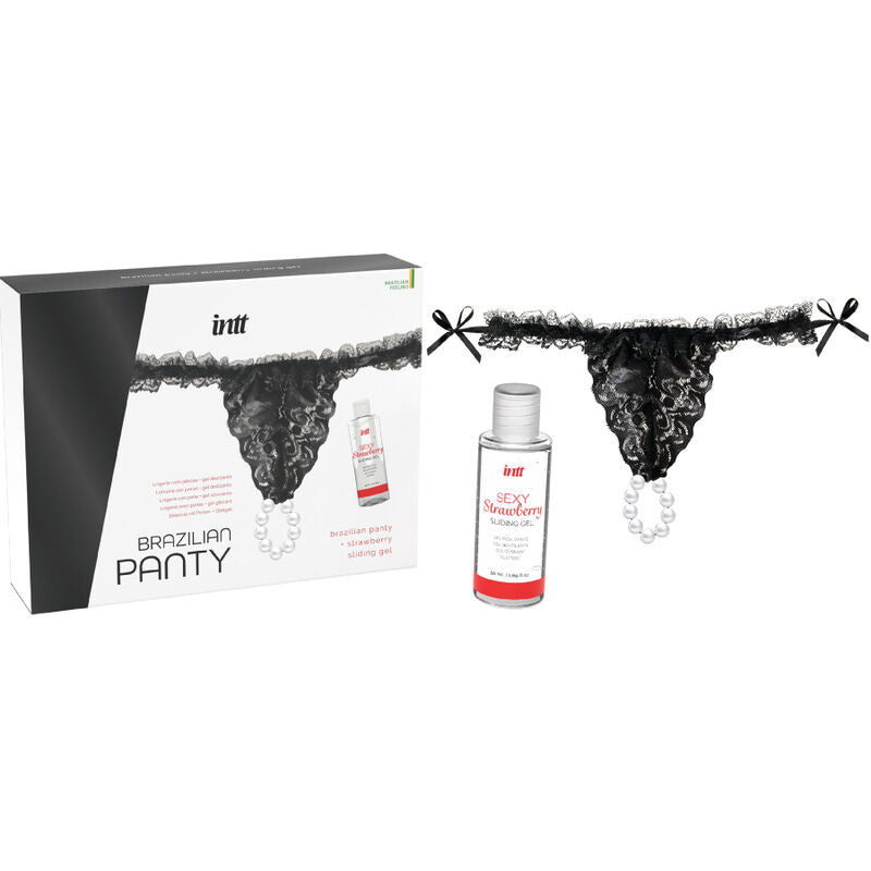 INTT RELEASES - CULOTTE BRÉSILIENNE NOIRE AVEC PERLES ET GEL LUBRIFIANT 50 ML INTT RELEASES