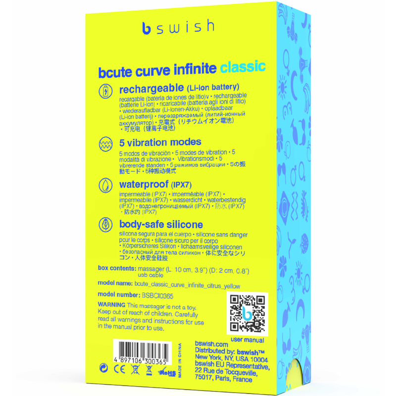 B SWISH - VIBRATEUR EN SILICONE RECHARGEABLE BCUTE CURVE INFINITE CLASSIC JAUNE B SWISH