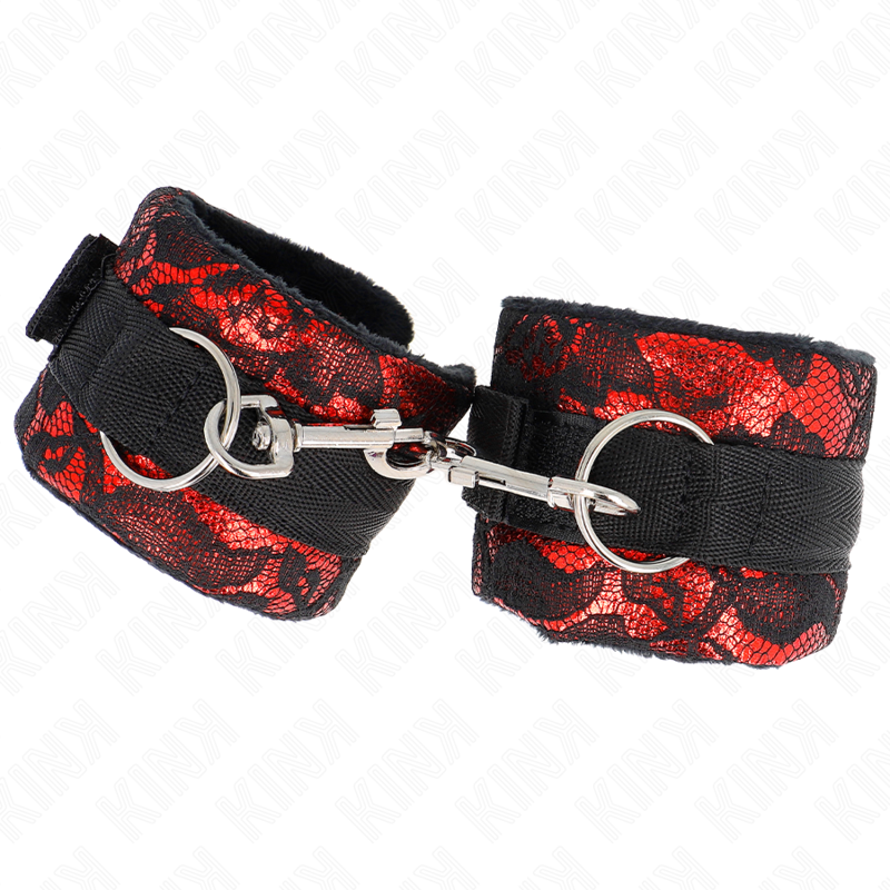 KINK - ATTENTES-POIGNETS COURTES EN DENTELLE DE VELOURS ET RELIURE EN NYLON ROUGE / NOIR 23 X 6,5 CM KINK WRIST RESTRAINT