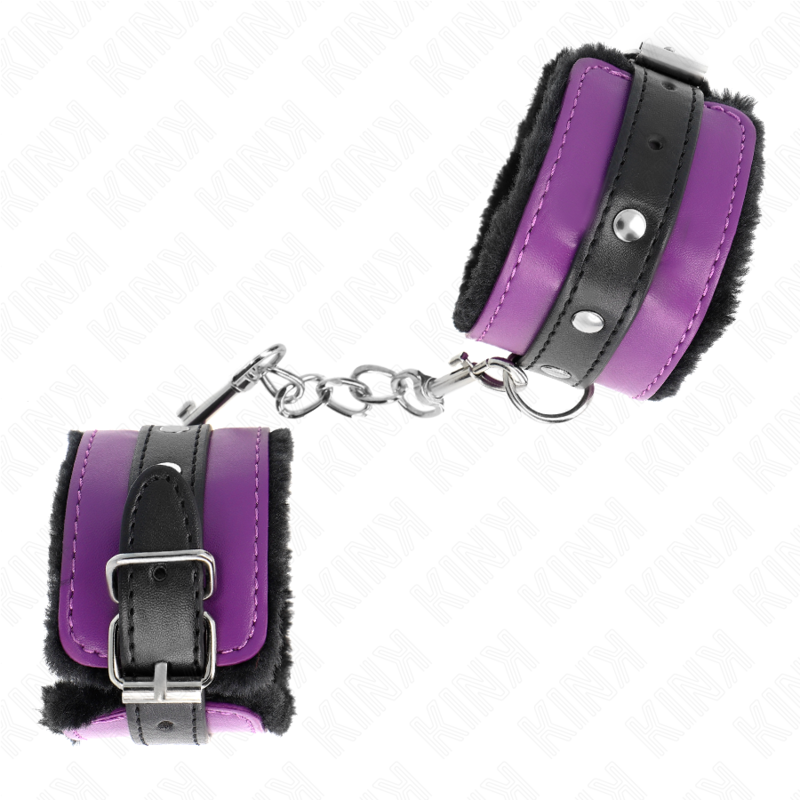 KINK - APPUI-POIGNETS DOUBLÉS DE FOURRURE PREMIUM NOIR AVEC CEINTURE VIOLET / NOIRE RÉGLABLE 17-29 CM X 6 CM KINK WRIST RESTRAINT