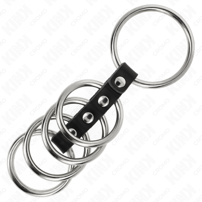KINK - 5 ANNEAUX PÉNIS DE 3,7 CM À 5 CM EN MÉTAL RELIES PAR DU CUIR KINK RING POWER