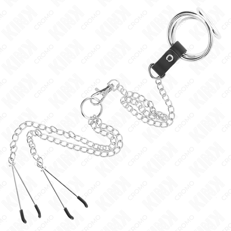 KINK - ANNEAU PÉNIS EN MÉTAL TRIPLE CHROME 3,8 CM À 5 CM AVEC CHAÎNE EN MÉTAL DE 26 CM ET PINCES À TÉTONS MODÈLE 2 KINK RING POWER