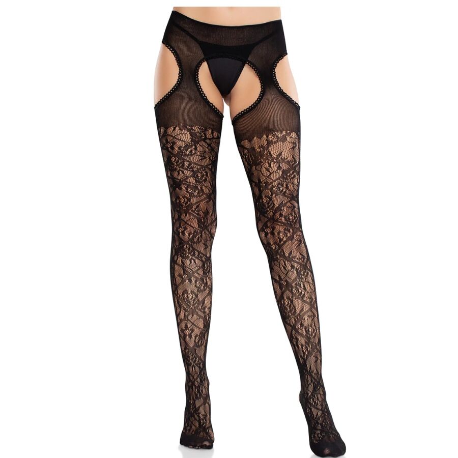 LEG AVENUE - BAS EN DENTELLE FLORALE AVEC JARRETELLES UNITED BLACK LEG AVENUE HOSIERY