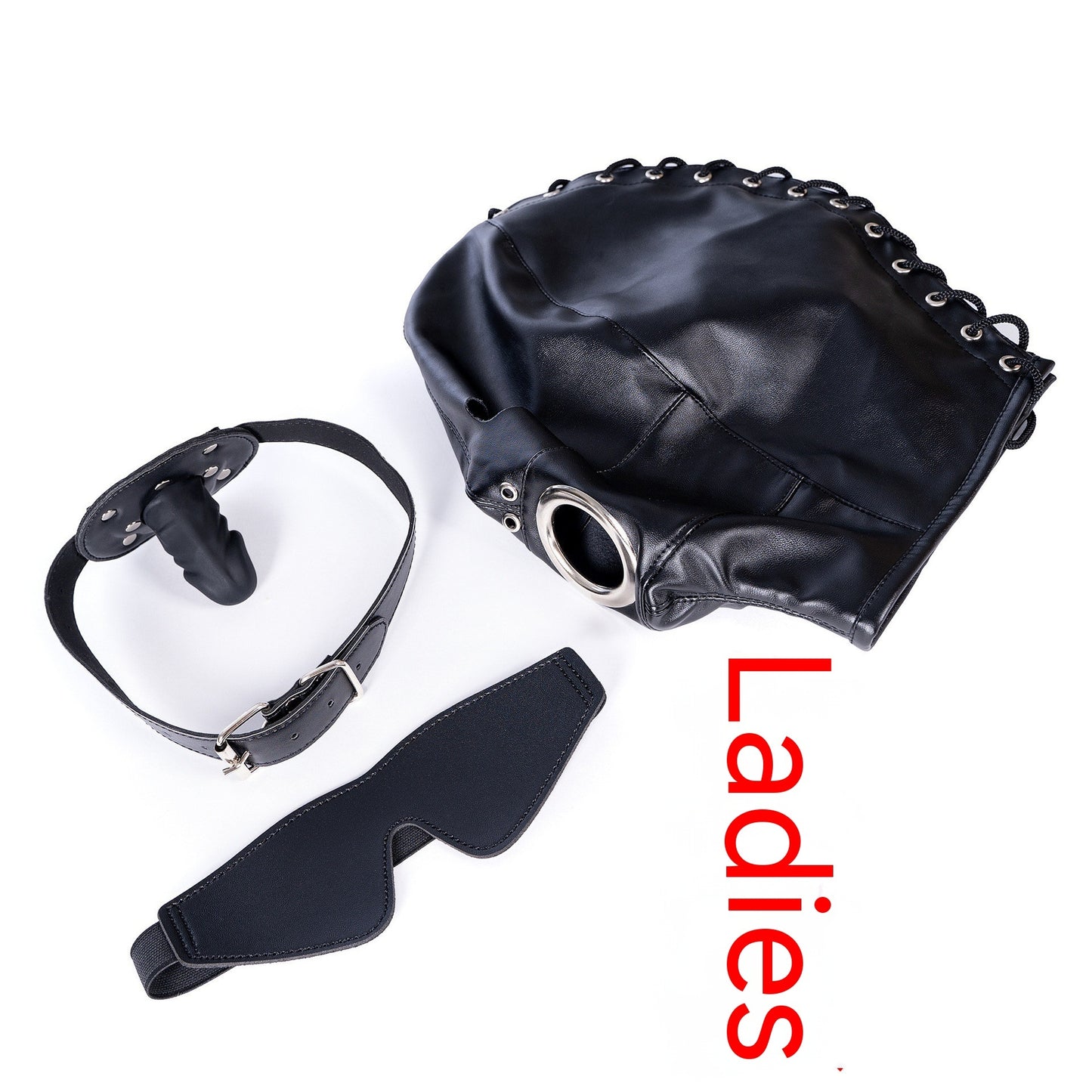 Cagoule en Cuir Noir BDSM – Œillères & Bâillon Boule Amovibles – Laçage Ajustable