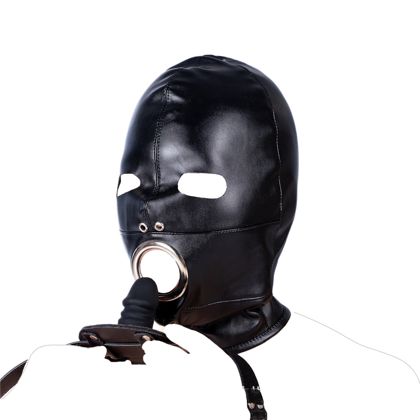 Cagoule en Cuir Noir BDSM – Œillères & Bâillon Boule Amovibles – Laçage Ajustable