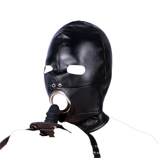 Cagoule en Cuir Noir BDSM – Œillères & Bâillon Boule Amovibles – Laçage Ajustable