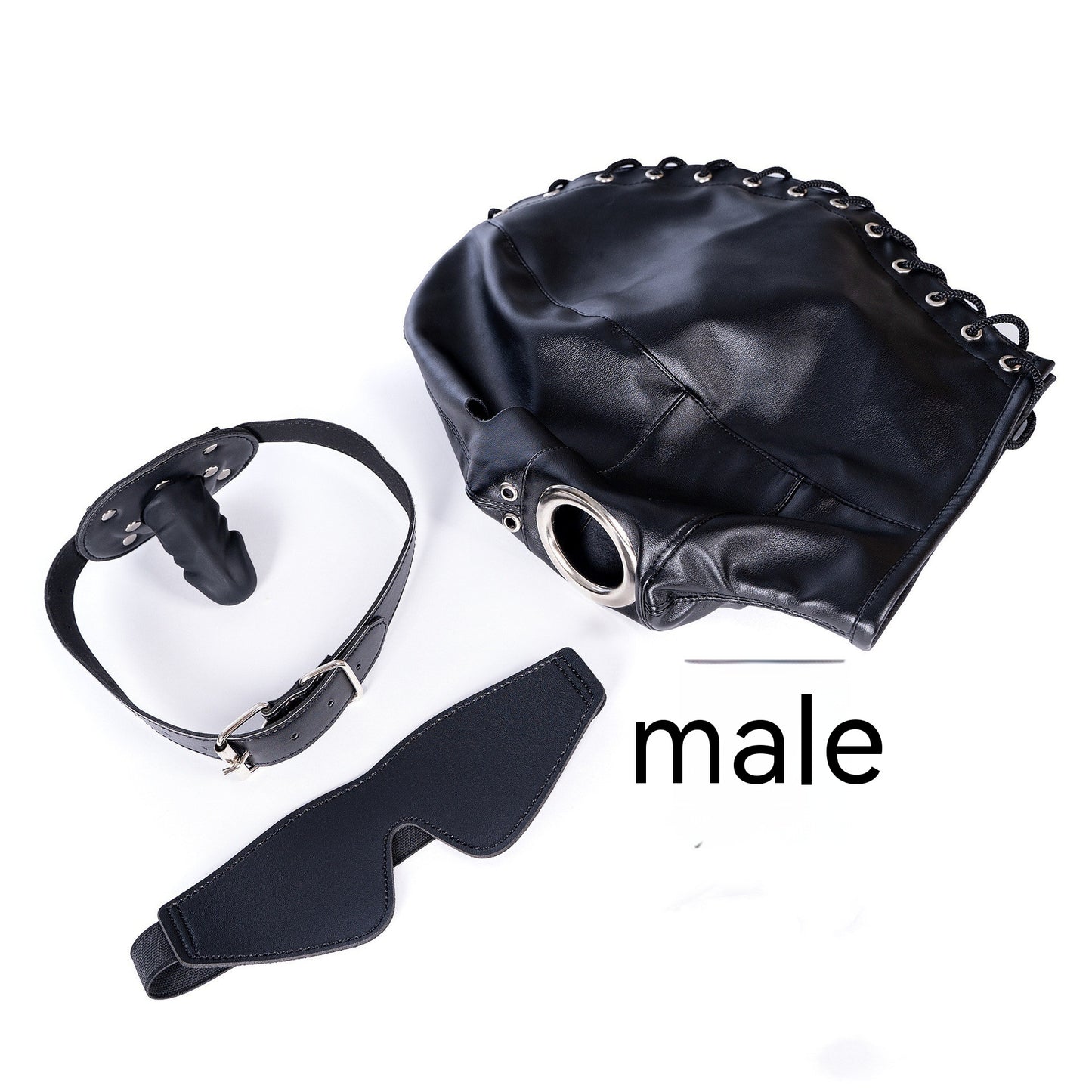 Cagoule en Cuir Noir BDSM – Œillères & Bâillon Boule Amovibles – Laçage Ajustable