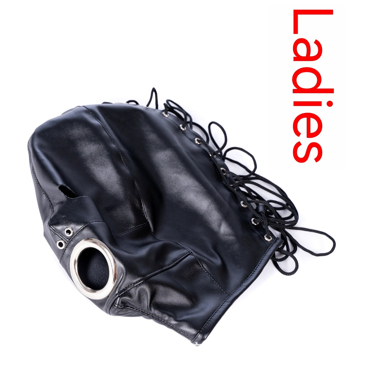 Cagoule en Cuir Noir BDSM – Œillères & Bâillon Boule Amovibles – Laçage Ajustable