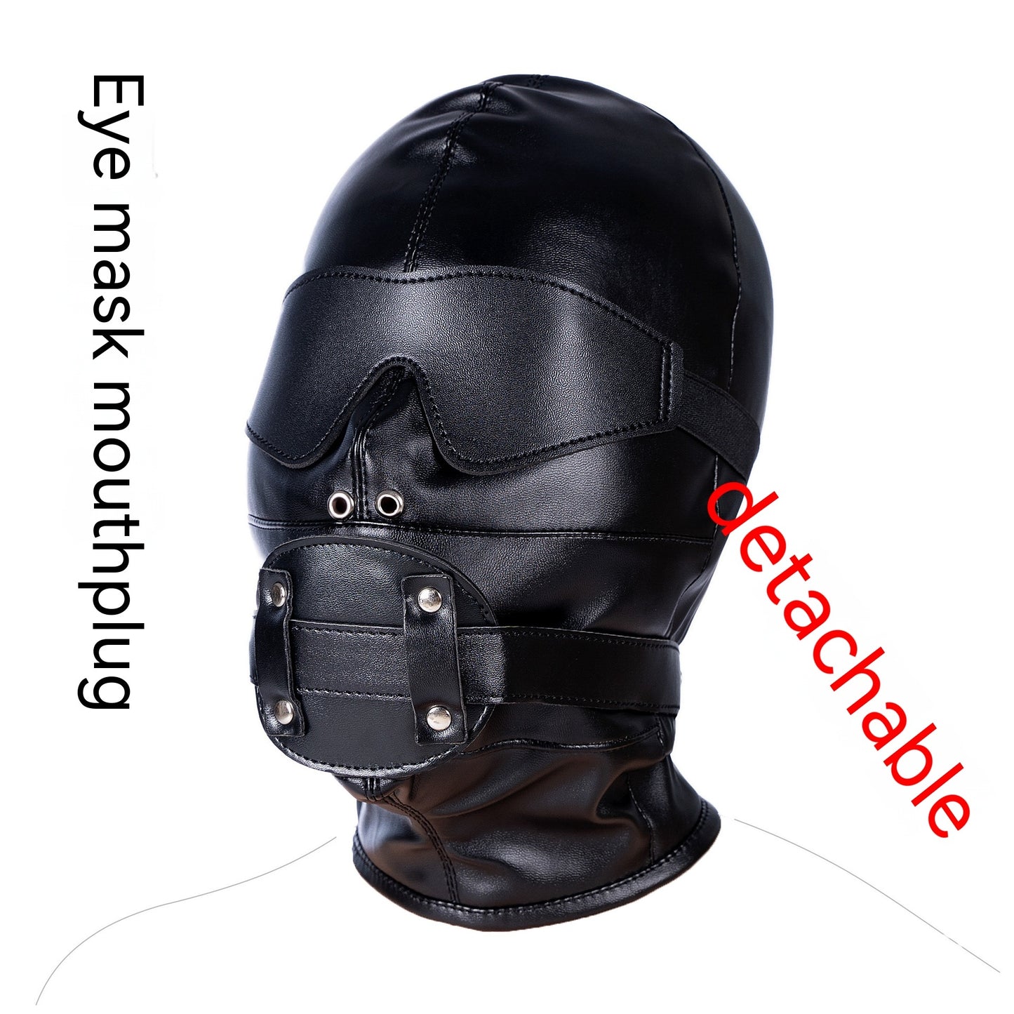 Cagoule en Cuir Noir BDSM – Œillères & Bâillon Boule Amovibles – Laçage Ajustable