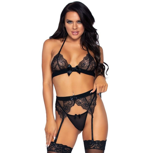 LEG AVENUE - ENSEMBLE TROIS PIÈCES TOP, PORTE-JARRETELLES ET G-STRING L LEG AVENUE SETS