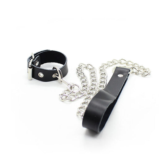 OHMAMA FETISH - COLLIER PÉNIS ET BRACELET EN CUIR AVEC CHAÎNE MÉTALLIQUE OHMAMA FETISH