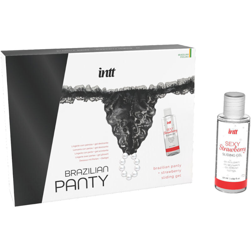 INTT RELEASES - CULOTTE BRÉSILIENNE NOIRE AVEC PERLES ET GEL LUBRIFIANT 50 ML INTT RELEASES