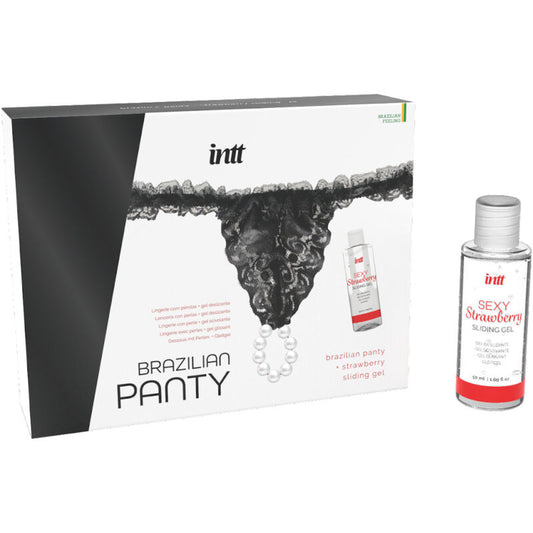 INTT RELEASES - CULOTTE BRÉSILIENNE NOIRE AVEC PERLES ET GEL LUBRIFIANT 50 ML INTT RELEASES