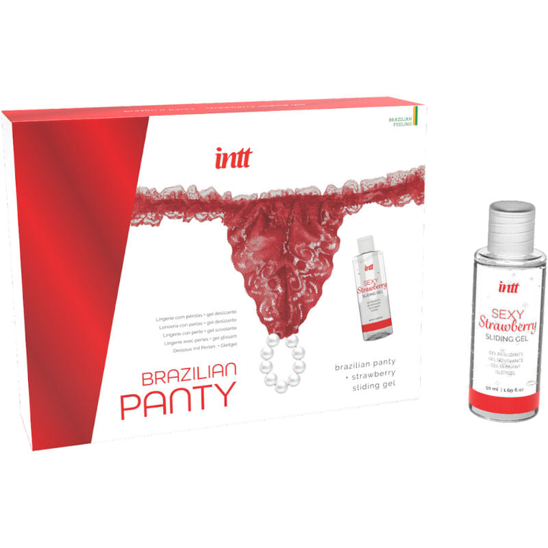 INTT RELEASES - CULOTTE ROUGE BRÉSILIENNE AVEC PERLES ET GEL LUBRIFIANT 50 ML INTT RELEASES