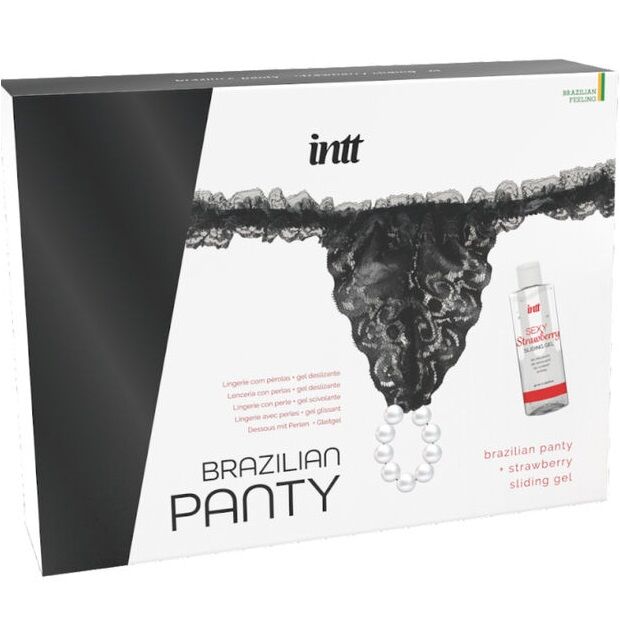 INTT RELEASES - CULOTTE BRÉSILIENNE NOIRE AVEC PERLES ET GEL LUBRIFIANT 50 ML INTT RELEASES