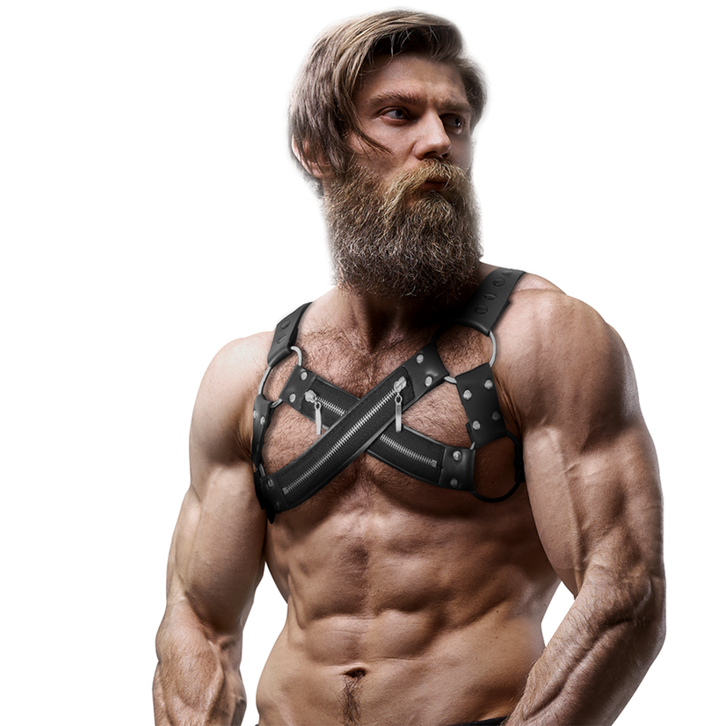 FETISH SUBMISSIVE ATTITUDE - HARNAIS DE POITRINE CROISÉ EN NÉOPRÈNE RÉGLABLE AVEC FERMETURES  GLISSIÈRE POUR HOMMES FETISH SUBMISSIVE ATTITUDE