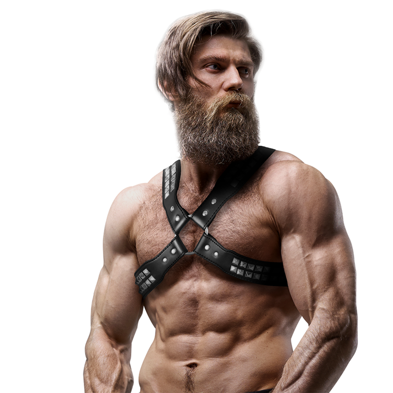 FETISH SUBMISSIVE ATTITUDE - HARNAIS EN CUIR ÉCOLOGIQUE POUR HOMMES  POITRINE CROISÉE AVEC RIVETS FETISH SUBMISSIVE ATTITUDE