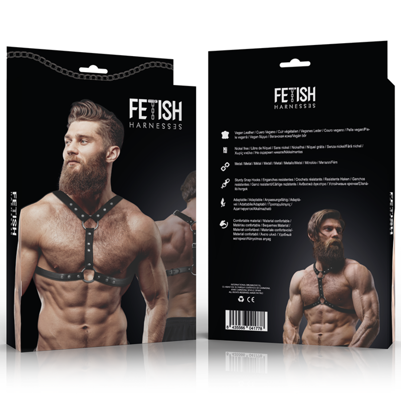 FETISH SUBMISSIVE ATTITUDE - HARNAIS DE POITRINE EN ÉCO-CUIR AVEC DOUBLE SUPPORT ET CLOUS POUR HOMMES FETISH SUBMISSIVE ATTITUDE
