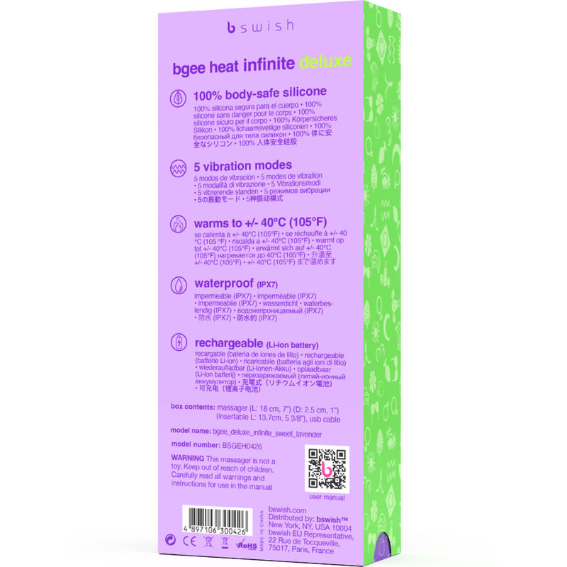 B SWISH - VIBRATEUR RECHARGEABLE BGEE HEAT INFINITE DELUXE LAVANDE SILICONE B SWISH