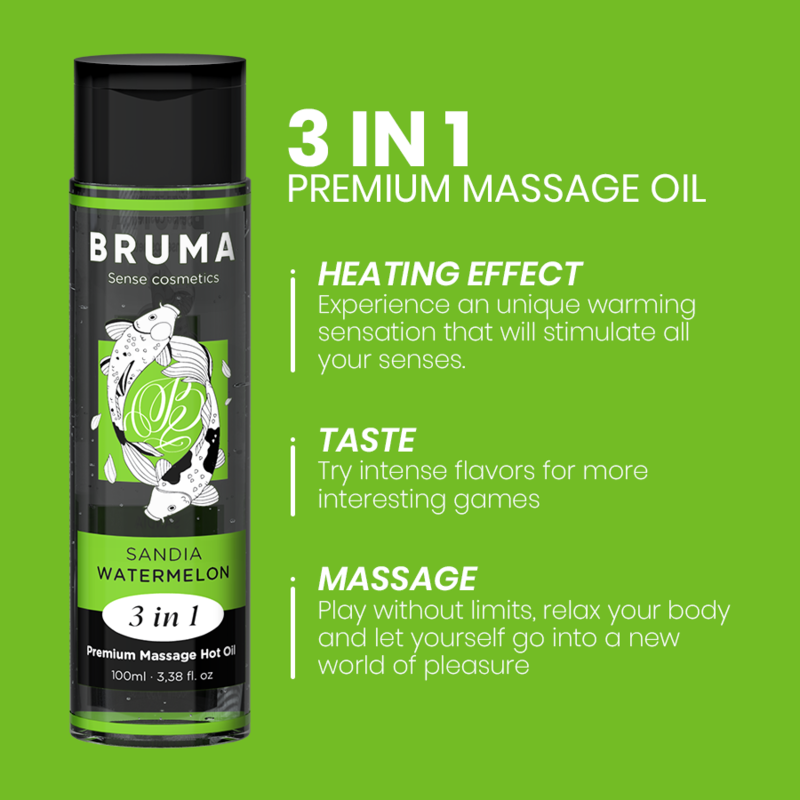 BRUMA - HUILE DE MASSAGE PREMIUM EFFET CHALEUR SAVEUR DE PASTÈQUE 3 EN 1 - 100 ML BRUMA