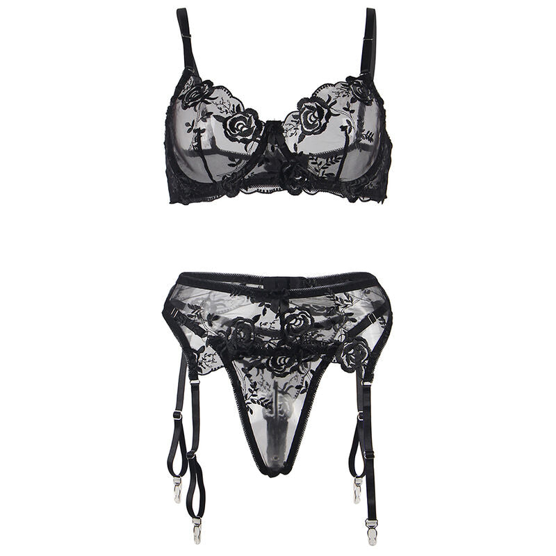 SUBBLIME - ENSEMBLE 3 PIÈCES SOUTIEN-GORGE + STRING + JARRETIÈRE IMPRIMÉ FLORAL NOIR S/M SUBBLIME SETS