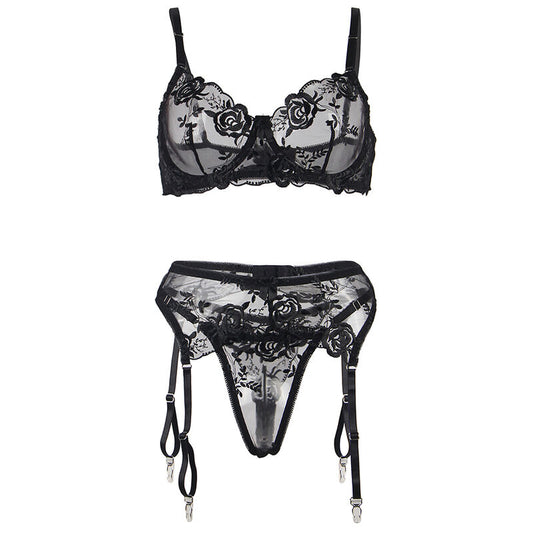 SUBBLIME - ENSEMBLE 3 PIÈCES SOUTIEN-GORGE + STRING + JARRETIÈRE IMPRIMÉ FLORAL NOIR S/M SUBBLIME SETS