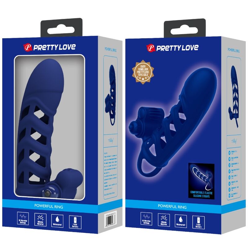 PRETTY LOVE - ALTAF ANNEAU VIBRATEUR AVEC GAINE EN SILICONE BLEU PRETTY LOVE MALE