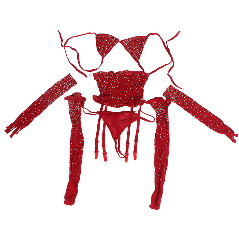 SUBBLIME - 952181 BODYSTOCKING RESILLE AVEC GANTS ET DIAMANTS ROUGE TAILLE UNIQUE SUBBLIME BODYSTOCKINGS