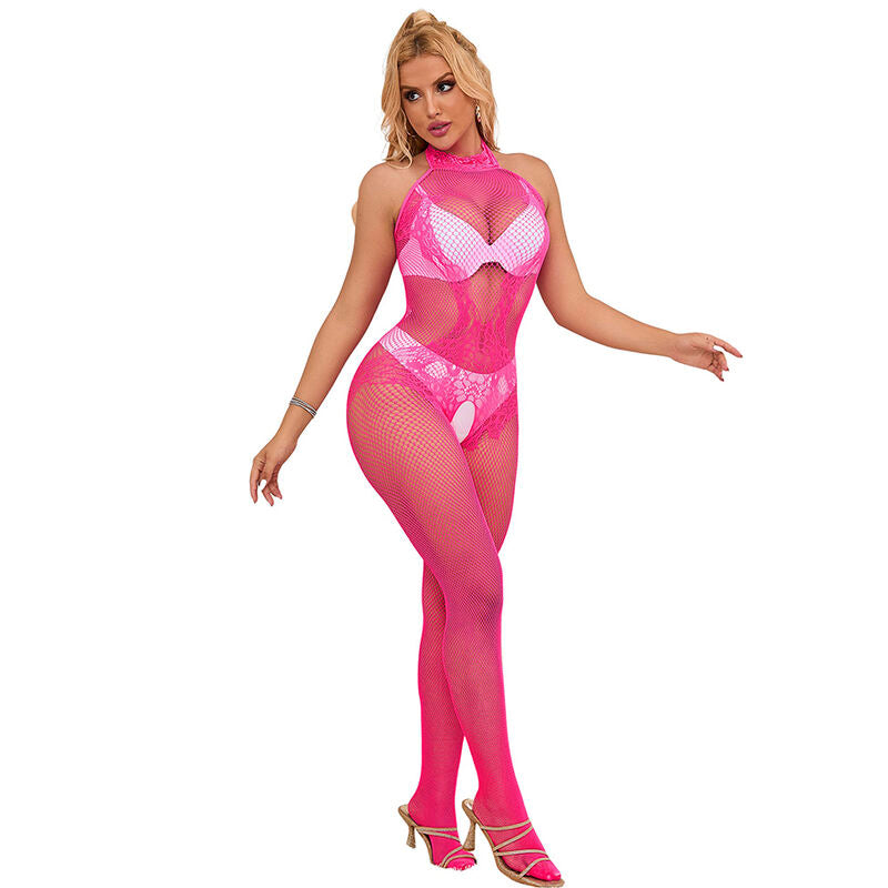 SUBBLIME - 952389 BODYSTOCKING RÉSILLE ET DENTELLE SANS FOURRURE AVEC COL MONTANT ROSE TAILLE UNIQUE SUBBLIME BODYSTOCKINGS