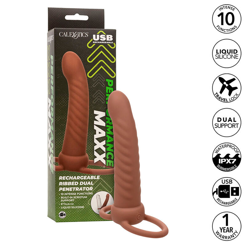 CALEXOTICS - MAXX RIBBED DOUBLE PÉNÉTRATEUR 10 VIBRATIONS MARRON CALEXOTICS