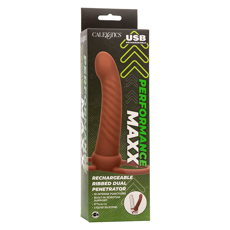 CALEXOTICS - MAXX RIBBED DOUBLE PÉNÉTRATEUR 10 VIBRATIONS MARRON CALEXOTICS