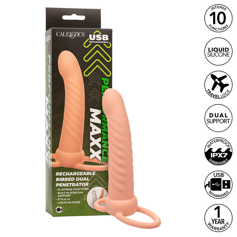 CALEXOTICS - MAXX DOUBLE PÉNÉTRATEUR NERVURÉ 10 VIBRATIONS FLESH CALEXOTICS