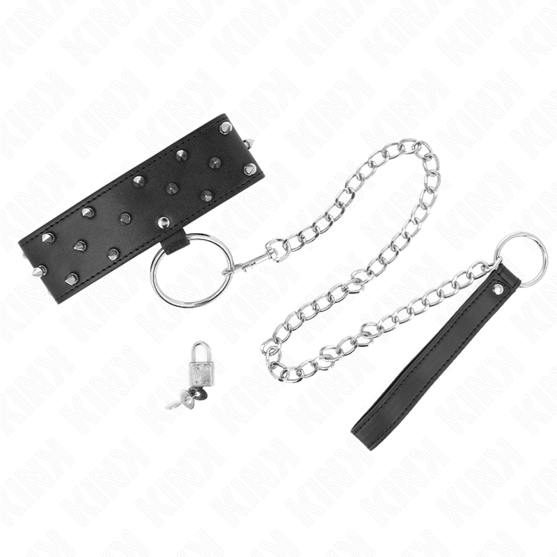 KINK - COLLIER AVEC LAISSE 65 CM AVEC CLOUS ARGENTÉS MODÈLE 5 RÉGLABLE 36-43 CM X 5 CM KINK COLLAR & GAG