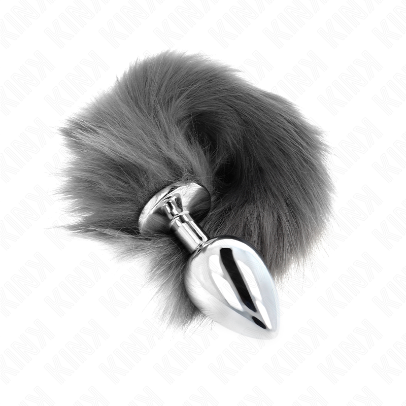 KINK - PLUG ANAL TAILLE L 10 X 4 CM AVEC QUEUE SYNTHÉTIQUE 40 CM GRIS ET BLANC KINK PLEASURE PLUGS