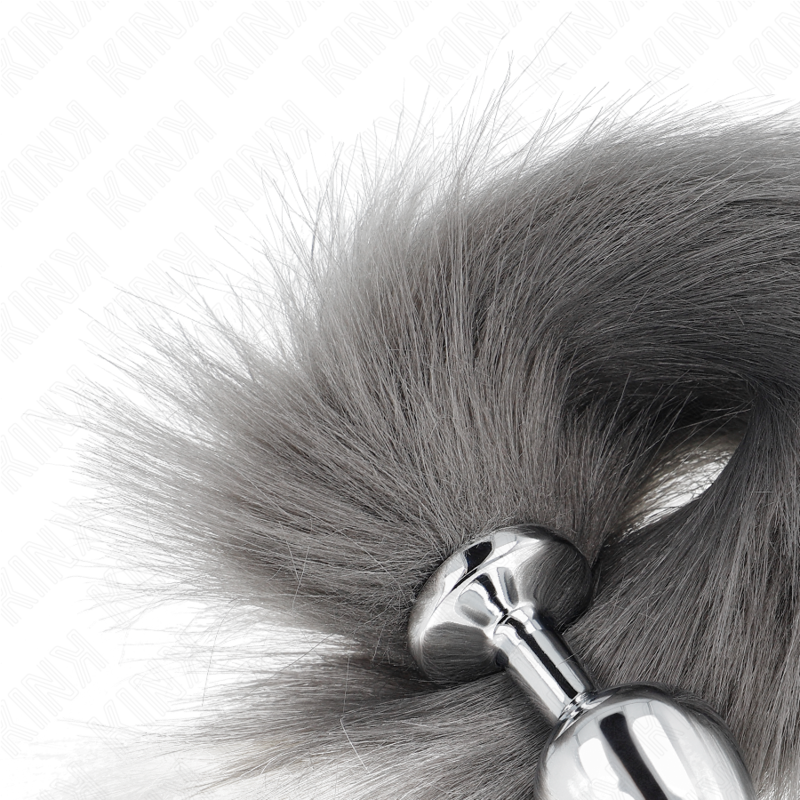 KINK - PLUG ANAL TAILLE M 8 X 3,5 CM AVEC QUEUE SYNTHÉTIQUE 40 CM GRIS ET BLANC KINK PLEASURE PLUGS