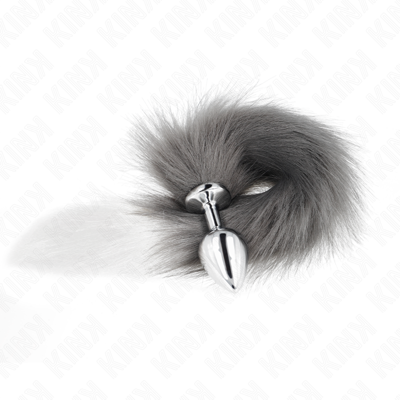 KINK - PLUG ANAL TAILLE M 8 X 3,5 CM AVEC QUEUE SYNTHÉTIQUE 40 CM GRIS ET BLANC KINK PLEASURE PLUGS