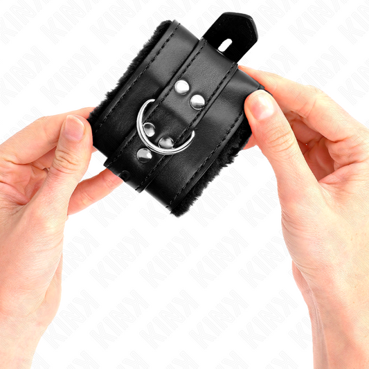 KINK - APPUI-POIGNETS DOUBLÉS DE FOURRURE AVEC TROUS CARRÉS NOIR ET CEINTURE NOIRE RÉGLABLE 17-29 CM X 6 CM KINK WRIST RESTRAINT