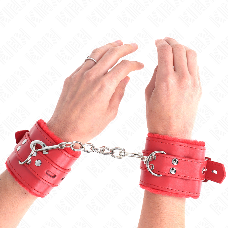 KINK - APPUI-POIGNETS DOUBLÉS DE FOURRURE AVEC TROUS CARRÉS ROUGE ET CEINTURE ROUGE RÉGLABLE 17-29 CM X 6 CM KINK WRIST RESTRAINT