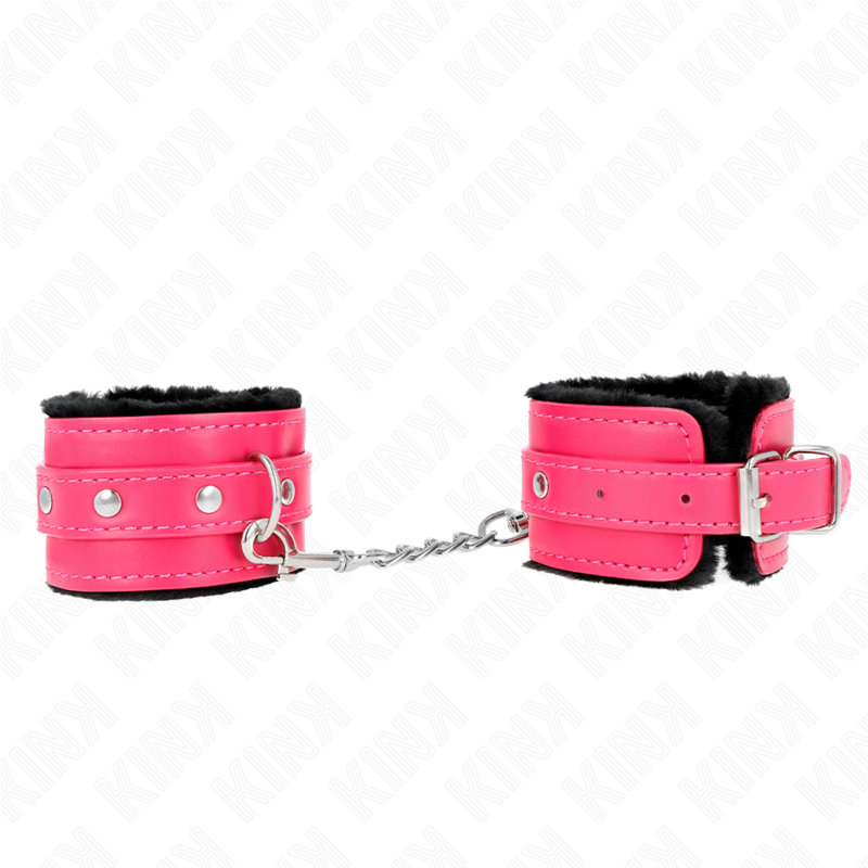 KINK - APPUI-POIGNETS DOUBLÉS DE FOURRURE PREMIUM NOIR AVEC CEINTURE ROSE FRAMBOISE AJUSTABLE 17-29 CM X 6 CM KINK WRIST RESTRAINT