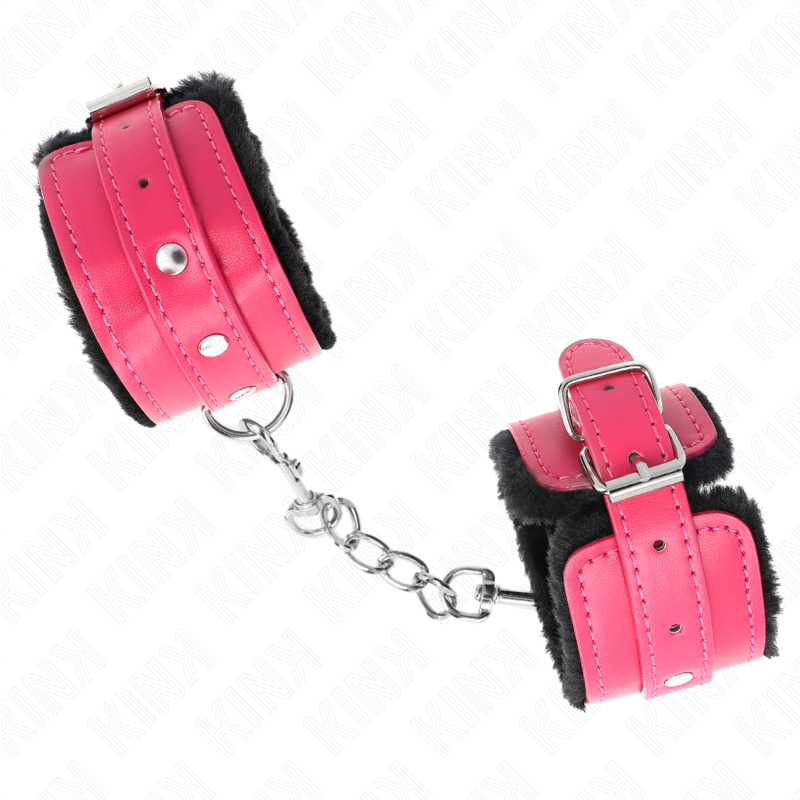 KINK - APPUI-POIGNETS DOUBLÉS DE FOURRURE PREMIUM NOIR AVEC CEINTURE ROSE FRAMBOISE AJUSTABLE 17-29 CM X 6 CM KINK WRIST RESTRAINT