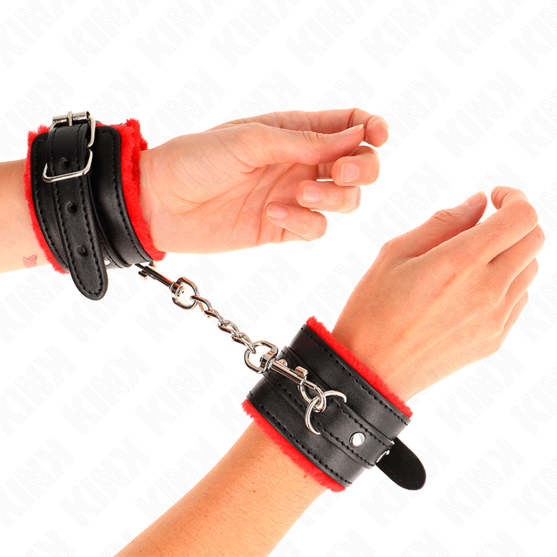 KINK - APPUI-POIGNETS DOUBLÉS DE FOURRURE PREMIUM ROUGE AVEC CEINTURE NOIRE RÉGLABLE 17-29 CM X 6 CM KINK WRIST RESTRAINT