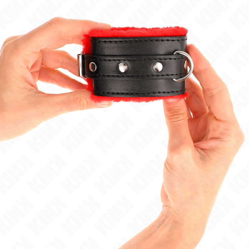 KINK - APPUI-POIGNETS DOUBLÉS DE FOURRURE PREMIUM ROUGE AVEC CEINTURE NOIRE RÉGLABLE 17-29 CM X 6 CM KINK WRIST RESTRAINT
