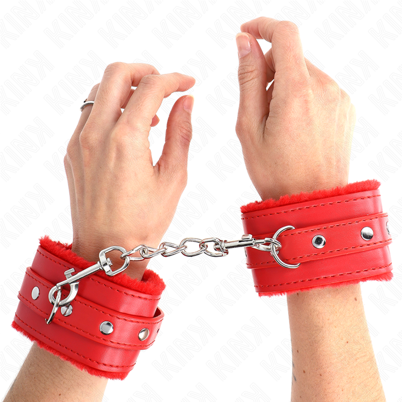 KINK - APPUI-POIGNETS DOUBLÉS DE FOURRURE PREMIUM ROUGE AVEC CEINTURE ROUGE RÉGLABLE 17-29 CM X 6 CM KINK WRIST RESTRAINT