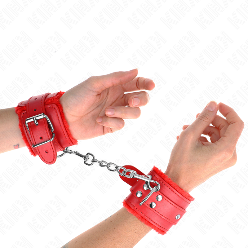 KINK - APPUI-POIGNETS DOUBLÉS DE FOURRURE ROUGE AVEC CEINTURE ROUGE RÉGLABLE 17-29 CM X 6 CM KINK WRIST RESTRAINT