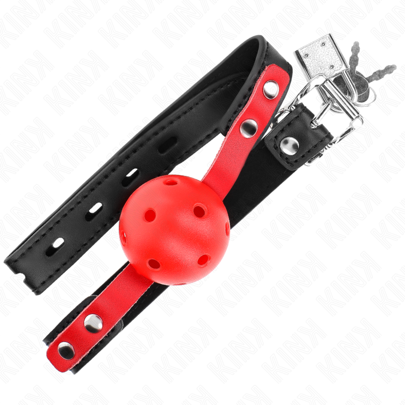KINK - BALLE DURE CREUSE ROUGE 4 CM GAG BRACELET NOIR 60 x 2 CM AJUSTABLE 37-52 CM KINK COLLAR & GAG