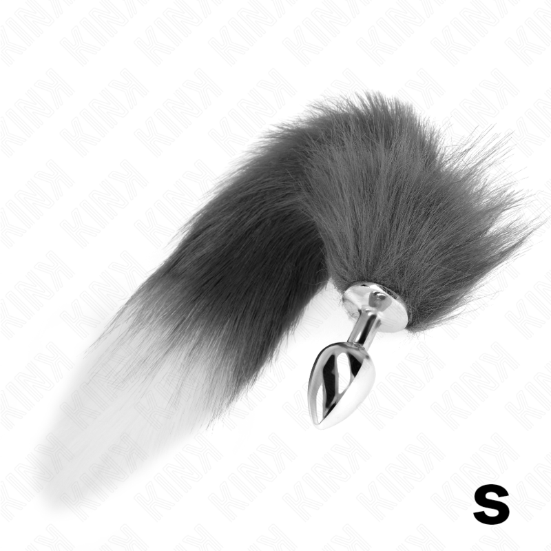 KINK - PLUG ANAL TAILLE S 7 X 3 CM AVEC QUEUE SYNTHÉTIQUE 40 CM GRIS ET BLANC KINK PLEASURE PLUGS