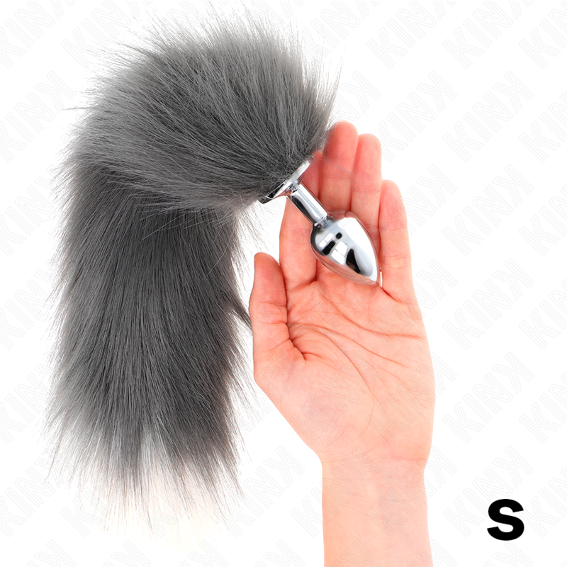 KINK - PLUG ANAL TAILLE S 7 X 3 CM AVEC QUEUE SYNTHÉTIQUE 40 CM GRIS ET BLANC KINK PLEASURE PLUGS