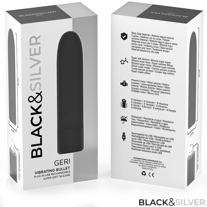 BLACK & SILVER - GERI BULLET VIBRANT RECHARGEABLE USB 8 VIBRATIONS NOIR 10 X 2,2 CM BLACK&SILVER